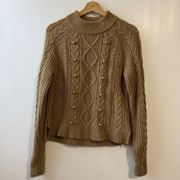 J.Crew Wool Blend Azra Pom Pom Cable Knit Mock Neck Sweater Size Small Tan - Picture 1 of 16